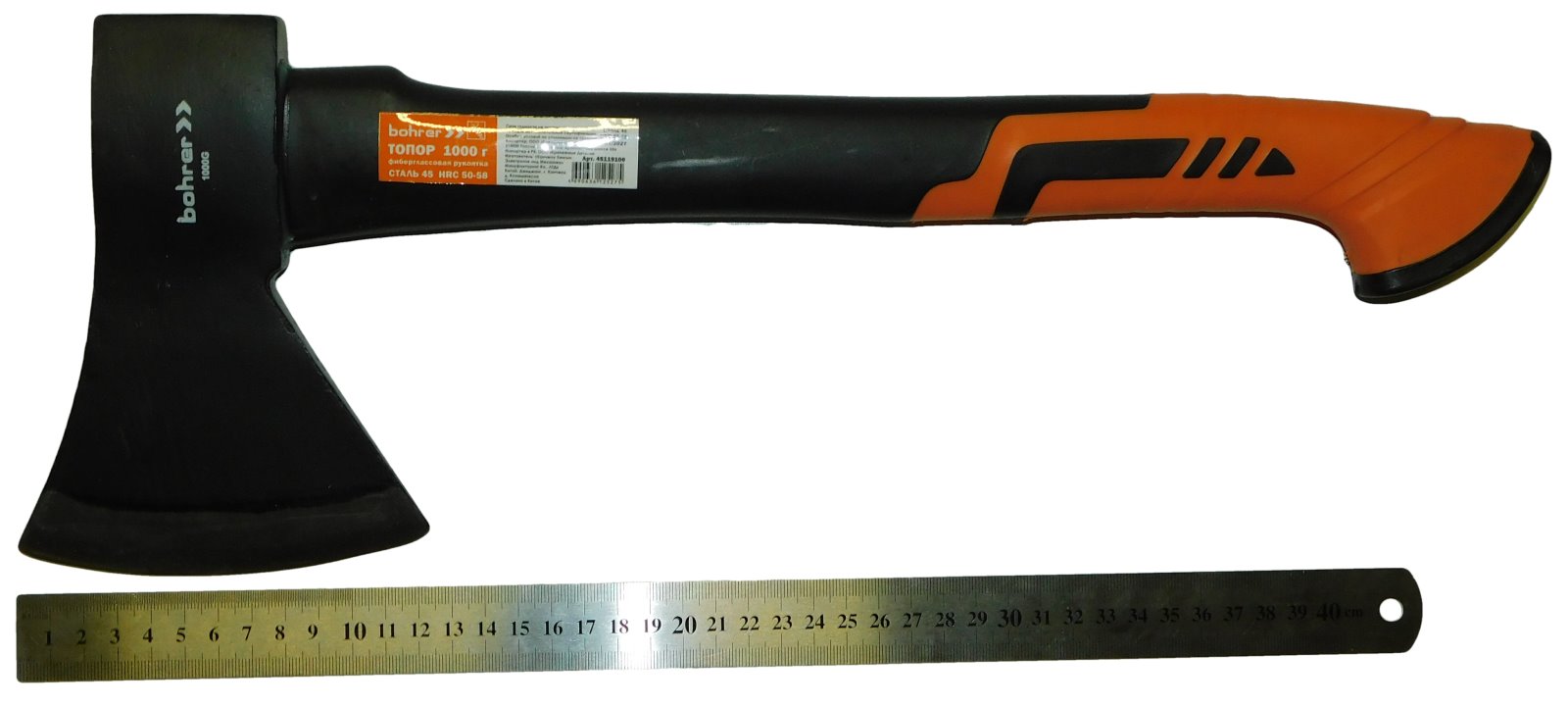 изображение Топор Bohrer 1000 г. рукоятка фибергласс 450 мм с резиновым покрытием (cталь 45 HRC 50-58)