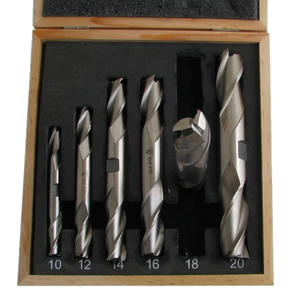 изображение Набор Фрез концевых 2-х сторонних по металлу из 6шт. (d10, 12, 14, 16, 18, 20мм Z=3) Р18 в деревянно