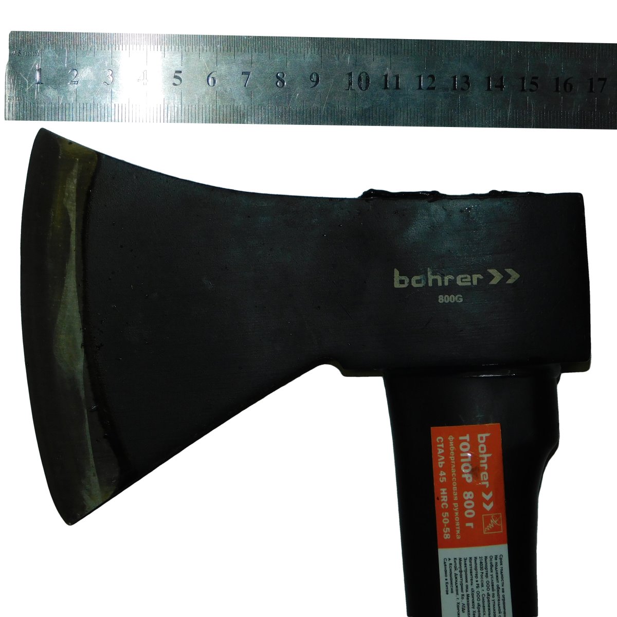 изображение Топор Bohrer 800 г. рукоятка фибергласс 360 мм с резиновым покрытием (cталь 45 HRC 50-58)